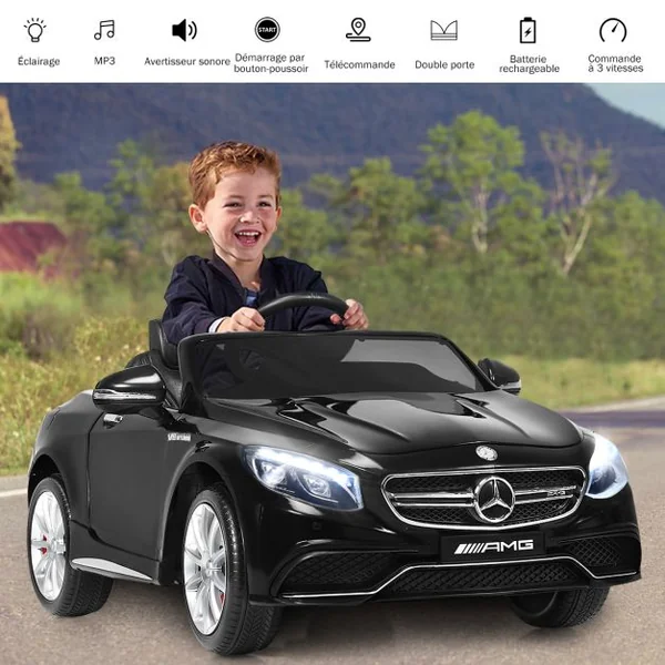 Voiture Électrique 12V pour Enfants 3-8Ans V. 2-5 km/h avec Télécommande 2.4 G Effets Sonores et Lumineux 120x70x52cm Noir