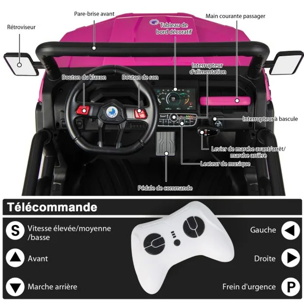 Voiture Électrique 2 Places Enfant 12V 2 Moteurs avec Télécommande 2,4 G 3-8 KM/H Charge 50KG 3-8 Ans Rose