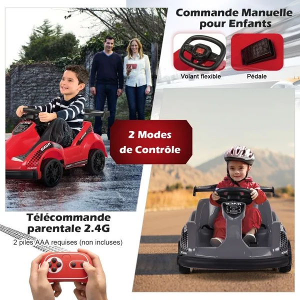 Voiture Électrique Kart pour Enfants 6V/500 mA Télécommande 2,4G - 3 km/h Effets Sonores et Musique 3-8 Ans Rouge