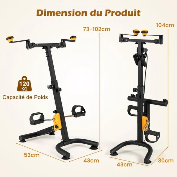 Vélo D'appartement à Pédales Pliable Résistance Réglable avec Fonction D'étirement Entraînement du Membre Supérieur et Coordination Hauteur 73-102CM