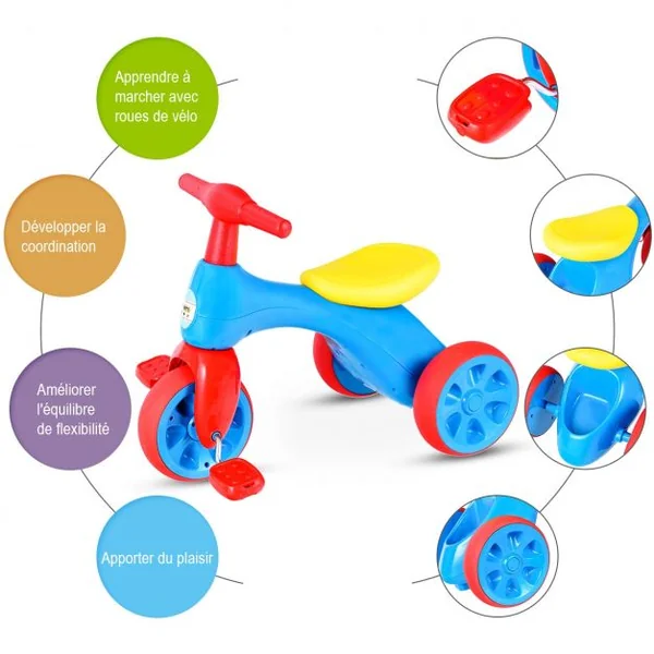Vélo d’équilibre pour enfant Tricycle pour enfant avec pédales Klaxon en HDPE, 57x34x42cm, Rose-violet
