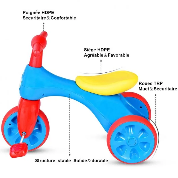 Vélo d’équilibre pour enfant Tricycle pour enfant avec pédales Klaxon en HDPE, 57x34x42cm, Rose-violet