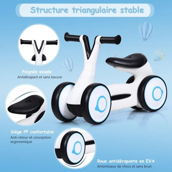 Vélo Trotteur pour Enfant de 12 à 36 mois sans Pédales Guidon Réglable Capacité 20 kg en PP+PVA 59x29x40cm Blanc