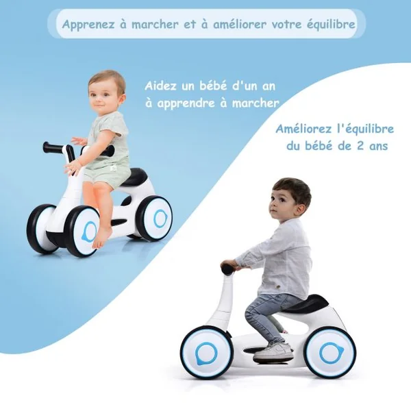 Vélo Trotteur pour Enfant de 12 à 36 mois sans Pédales Guidon Réglable Capacité 20 kg en PP+PVA 59x29x40cm Blanc