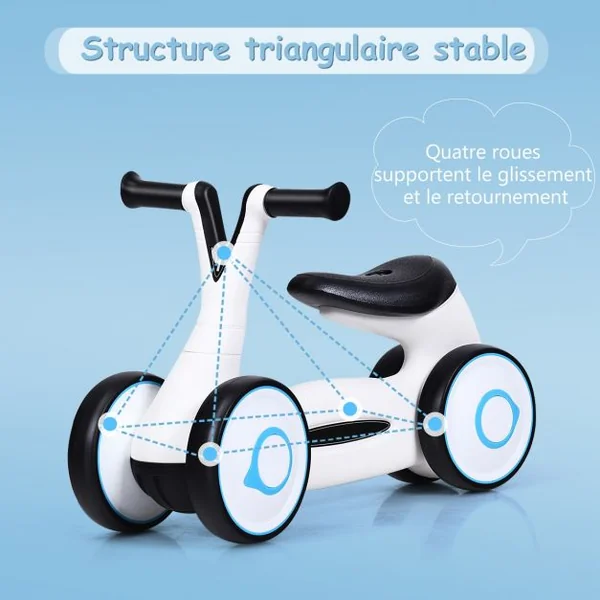 Vélo Trotteur pour Enfant de 12 à 36 mois sans Pédales Guidon Réglable Capacité 20 kg en PP+PVA 59x29x40cm Blanc