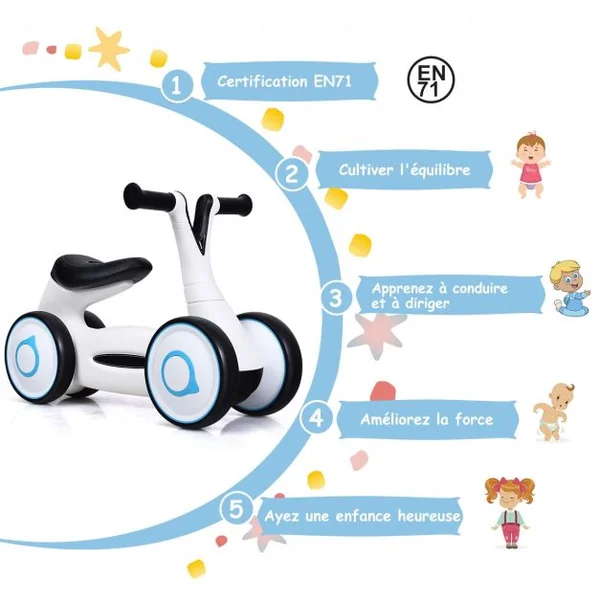 Vélo Trotteur pour Enfant de 12 à 36 mois sans Pédales Guidon Réglable Capacité 20 kg en PP+PVA 59x29x40cm Blanc