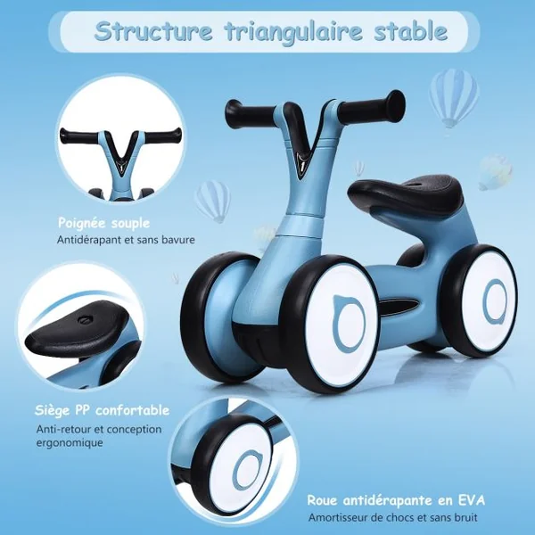 Vélo Trotteur pour Enfant de 12 à 36 mois sans Pédales Guidon Réglable Capacité 20 kg en PP+PVA 59x29x40cm Bleu