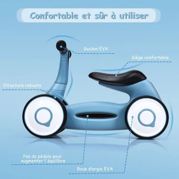 Vélo Trotteur pour Enfant de 12 à 36 mois sans Pédales Guidon Réglable Capacité 20 kg en PP+PVA 59x29x40cm Bleu