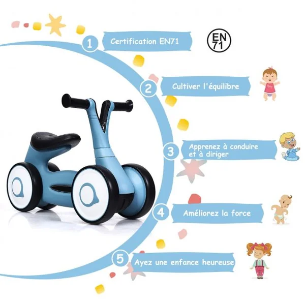 Vélo Trotteur pour Enfant de 12 à 36 mois sans Pédales Guidon Réglable Capacité 20 kg en PP+PVA 59x29x40cm Bleu