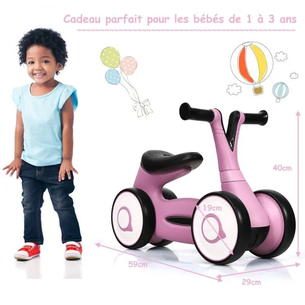 Vélo Trotteur pour Enfant de 12 à 36 mois sans Pédales Guidon Réglable Capacité 20 kg en PP+PVA 59x29x40cm Rose