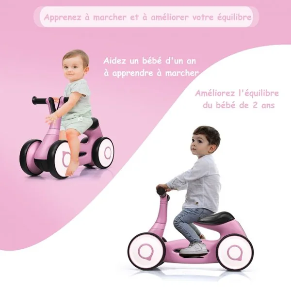 Vélo Trotteur pour Enfant de 12 à 36 mois sans Pédales Guidon Réglable Capacité 20 kg en PP+PVA 59x29x40cm Rose