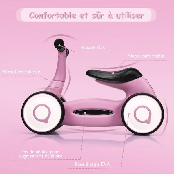 Vélo Trotteur pour Enfant de 12 à 36 mois sans Pédales Guidon Réglable Capacité 20 kg en PP+PVA 59x29x40cm Rose