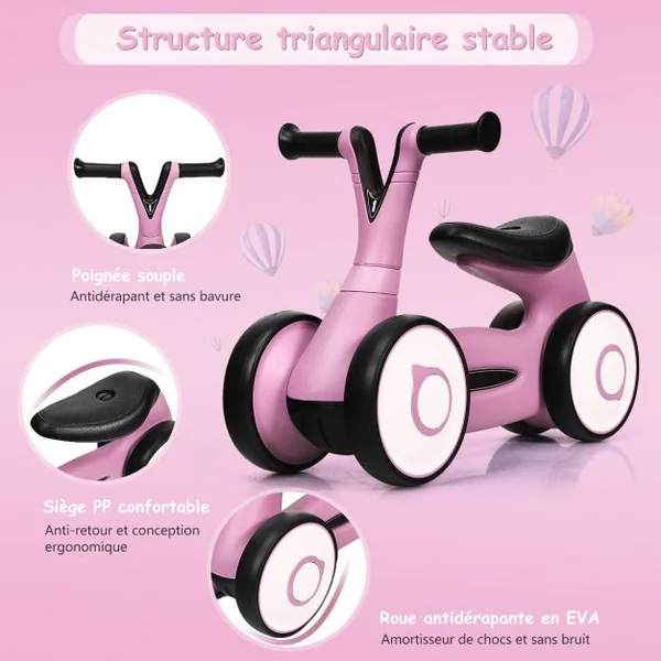Vélo Trotteur pour Enfant de 12 à 36 mois sans Pédales Guidon Réglable Capacité 20 kg en PP+PVA 59x29x40cm Rose