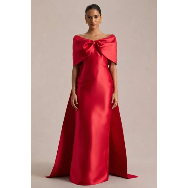 Wanting More | Robe longue en satin rouge avec cape et nœud oversize