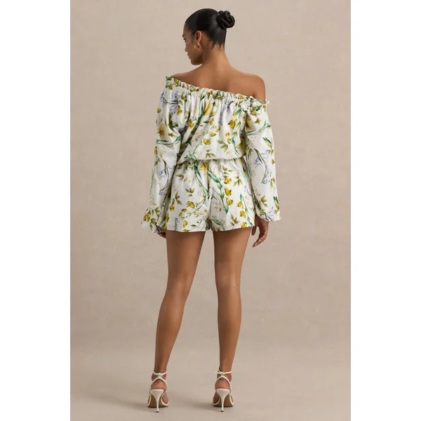 Waterfall | Combishort asymétrique à imprimé floral citron avec manche longue