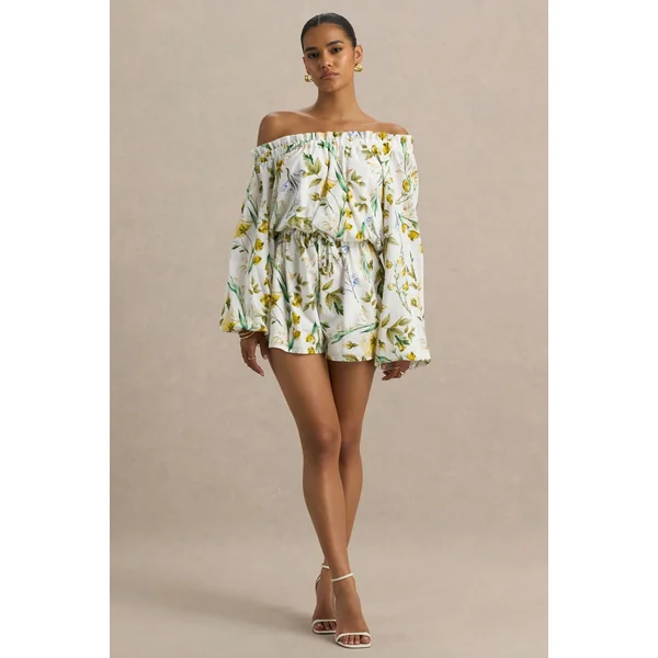 Waterfall | Combishort asymétrique à imprimé floral citron avec manche longue