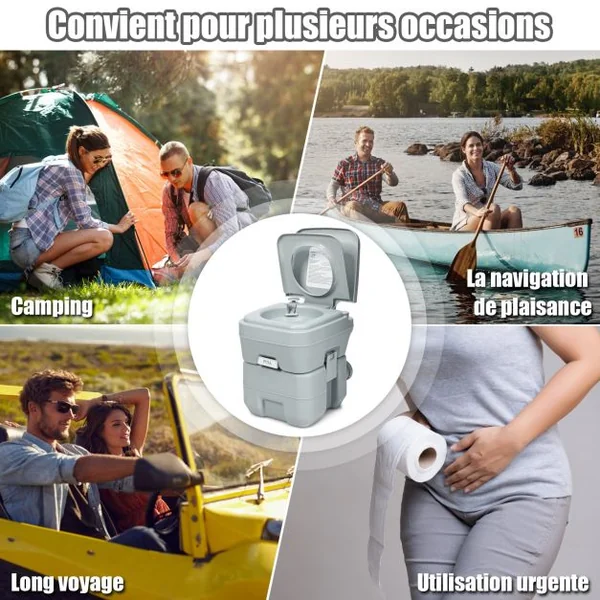 WC Chimique Portable 20L Toilette Chimique Portatif, Réservoir d'eau 10L, pour camping, plein air, 36x35x42cm, Gris
