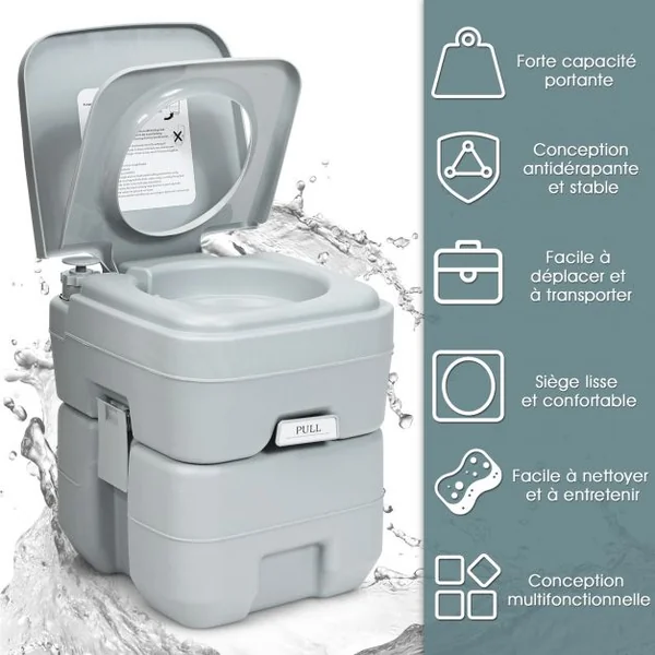 WC Chimique Portable 20L Toilette Chimique Portatif, Réservoir d'eau 10L, pour camping, plein air, 36x35x42cm, Gris