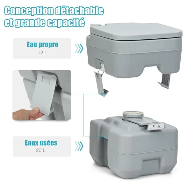 WC Chimique Portable 20L Toilette Chimique Portatif, Réservoir d'eau 10L, pour camping, plein air, 36x35x42cm, Gris