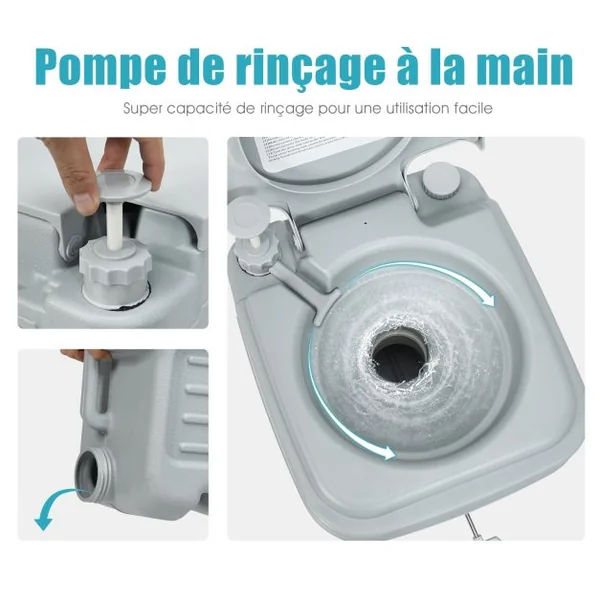 WC Chimique Portable 20L Toilette Chimique Portatif, Réservoir d'eau 10L, pour camping, plein air, 36x35x42cm, Gris