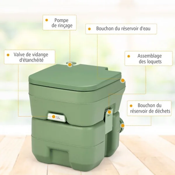 WC Chimique Portable 20L Toilette Chimique Portatif Réservoir d'eau 10L pour camping plein air 36x35x42cm, Vert