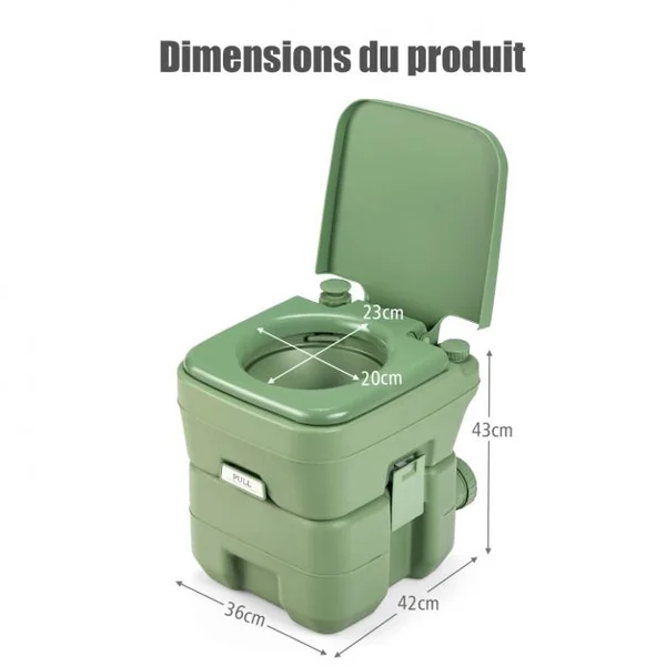 WC Chimique Portable 20L Toilette Chimique Portatif Réservoir d'eau 10L pour camping plein air 36x35x42cm, Vert
