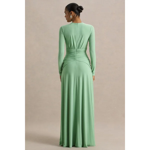 With Me | Robe longue verte à col montant avec fronces et détails découpés