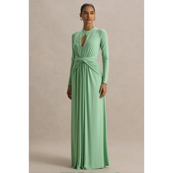 With Me | Robe longue verte à col montant avec fronces et détails découpés
