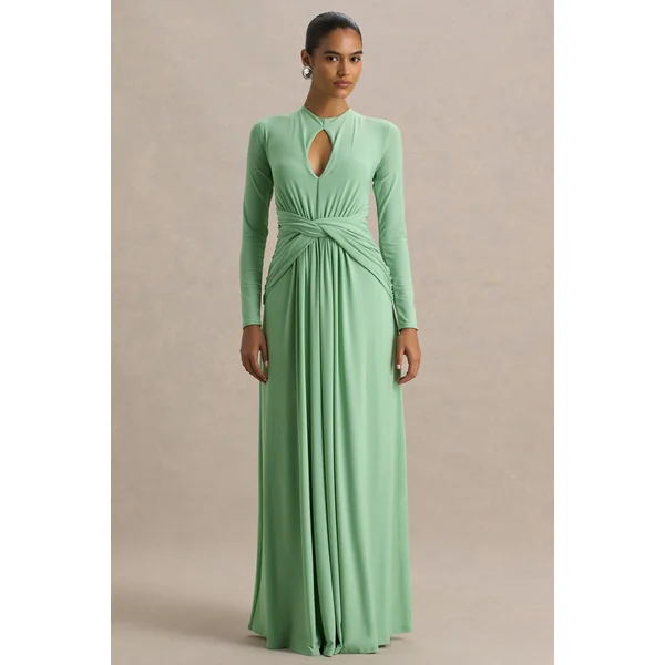 With Me | Robe longue verte à col montant avec fronces et détails découpés