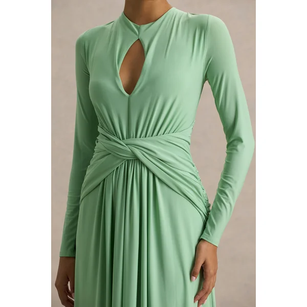 With Me | Robe longue verte à col montant avec fronces et détails découpés