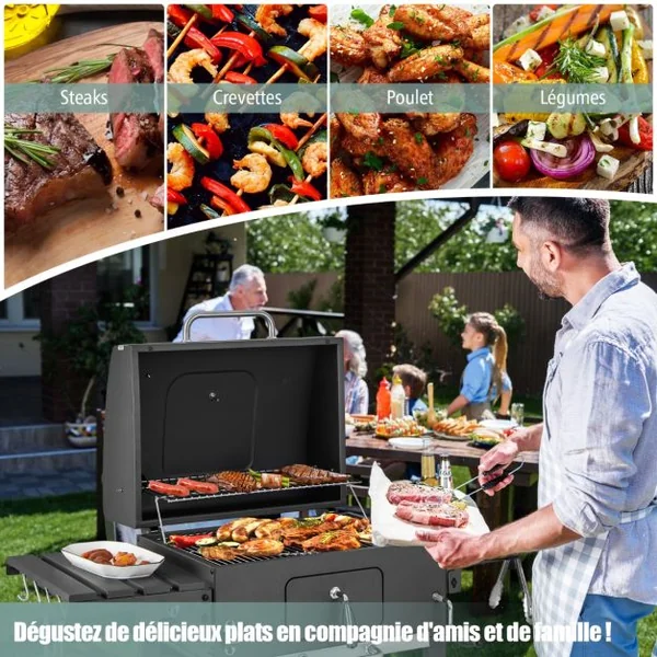 XXL Barbecue à Charbon de Bois Portable avec 2 Tables d'Appoint 128 x 54 x 117 cm Noir