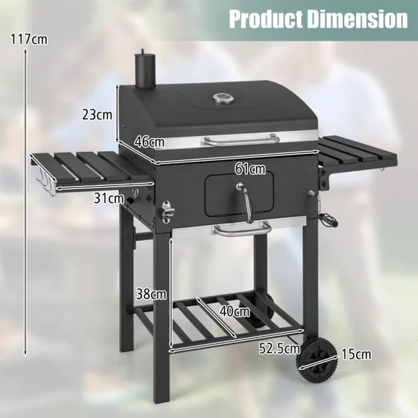 XXL Barbecue à Charbon de Bois Portable avec 2 Tables d'Appoint 128 x 54 x 117 cm Noir