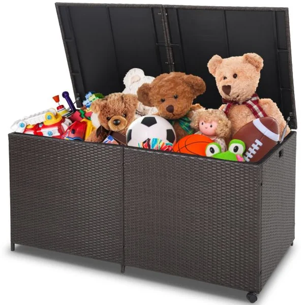 XXXL Coffre de Rangement Jardin à Roulettes 662L en Rotin PE Anti-UV Cadre en Métal avec 2 Etagères 150 x 77 x 73 CM Marron