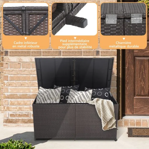 XXXL Coffre de Rangement Jardin à Roulettes 662L en Rotin PE Anti-UV Cadre en Métal avec 2 Etagères 150 x 77 x 73 CM Marron