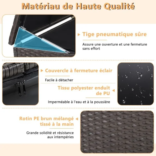 XXXL Coffre de Rangement Jardin à Roulettes 662L en Rotin PE Anti-UV Cadre en Métal avec 2 Etagères 150 x 77 x 73 CM Marron