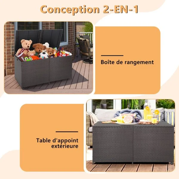 XXXL Coffre de Rangement Jardin à Roulettes 662L en Rotin PE Anti-UV Cadre en Métal avec 2 Etagères 150 x 77 x 73 CM Marron