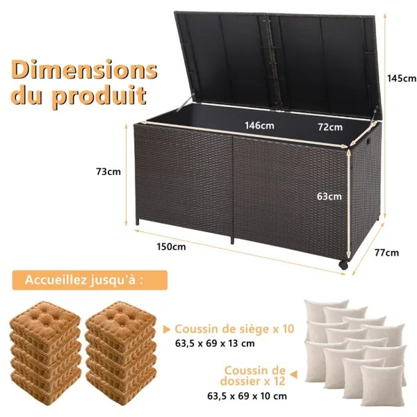 XXXL Coffre de Rangement Jardin à Roulettes 662L en Rotin PE Anti-UV Cadre en Métal avec 2 Etagères 150 x 77 x 73 CM Marron