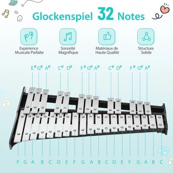 Xylophone 32 Notes Instrument de Percussion Pliable Support Réglable Pupitre Pad d'Entraînement de 20 cm Maillets de Cloche Baguettes en Bois Sac