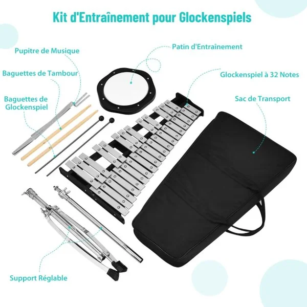 Xylophone 32 Notes Instrument de Percussion Pliable Support Réglable Pupitre Pad d'Entraînement de 20 cm Maillets de Cloche Baguettes en Bois Sac