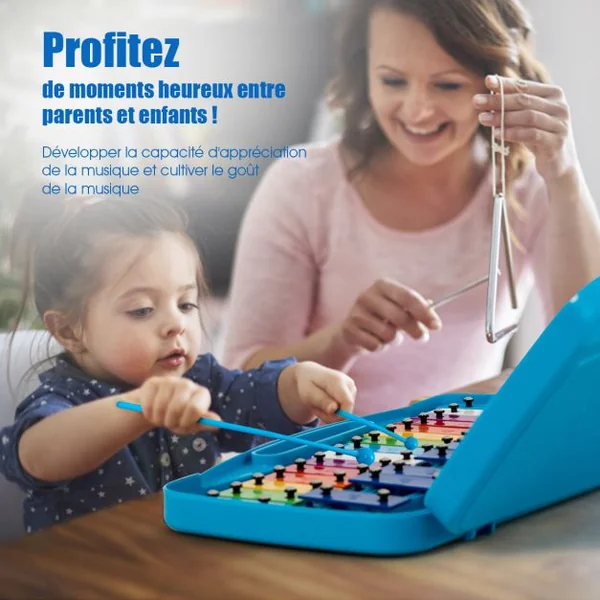 Xylophone pour Enfants 25 Notes avec 2 Baguettes en Plastique 12 Partitions de l'Alphabet Boîtier Portable Bleu pour Apprentissage Scolaire