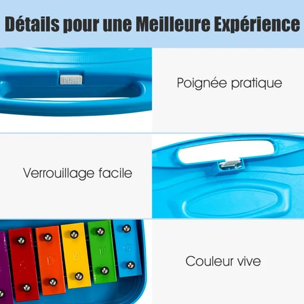 Xylophone pour Enfants 25 Notes avec 2 Baguettes en Plastique 12 Partitions de l'Alphabet Boîtier Portable Bleu pour Apprentissage Scolaire