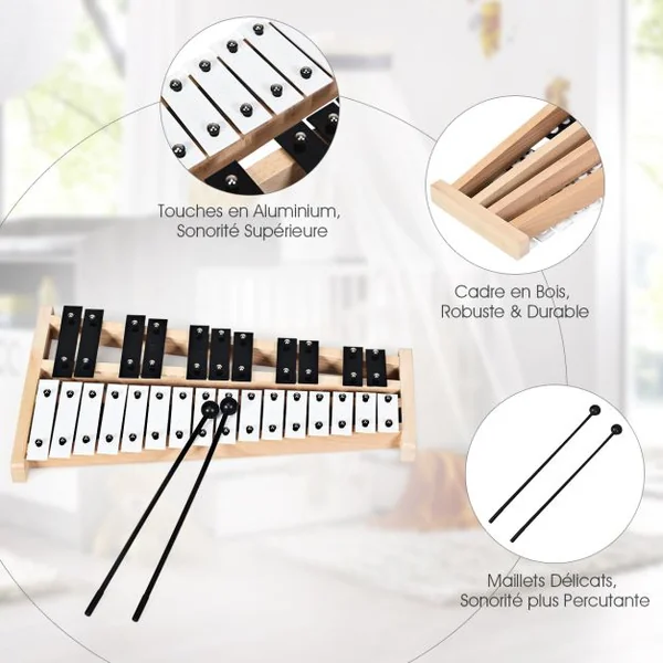 Xylophone à 27 Notes Instrument de Percussion avec Base en Bois et 27 Touches Métalliques 2 Maillets en Caoutchouc Sac de Transport