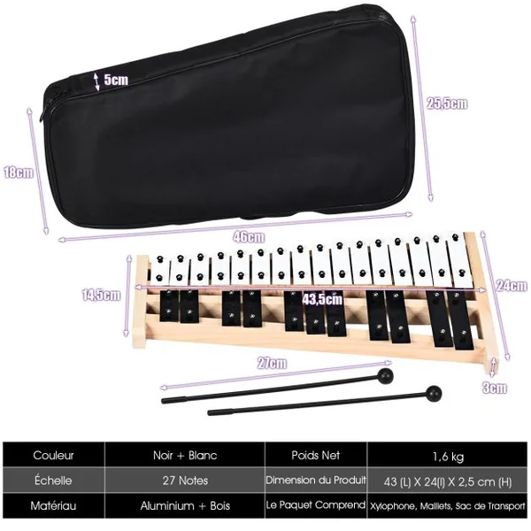 Xylophone à 27 Notes Instrument de Percussion avec Base en Bois et 27 Touches Métalliques 2 Maillets en Caoutchouc Sac de Transport