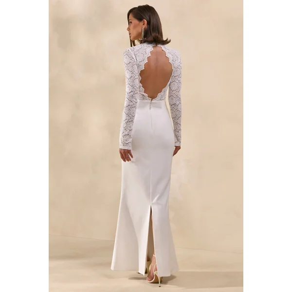 Yarrow | Robe longue blanche en dentelle à encolure haute avec dos ouvert