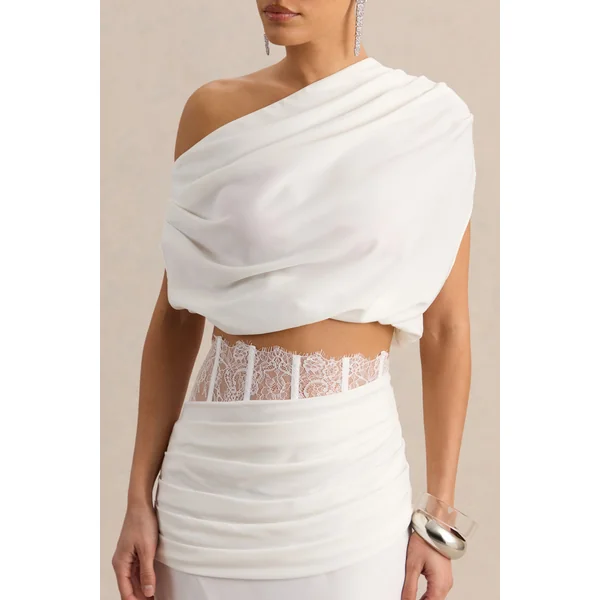 Yaselle | Crop top blanc en satin à encolure asymétrique