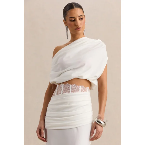 Yaselle | Crop top blanc en satin à encolure asymétrique