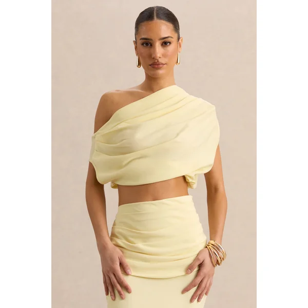 Yaselle | Haut court jaune citron en satin à encolure asymétrique