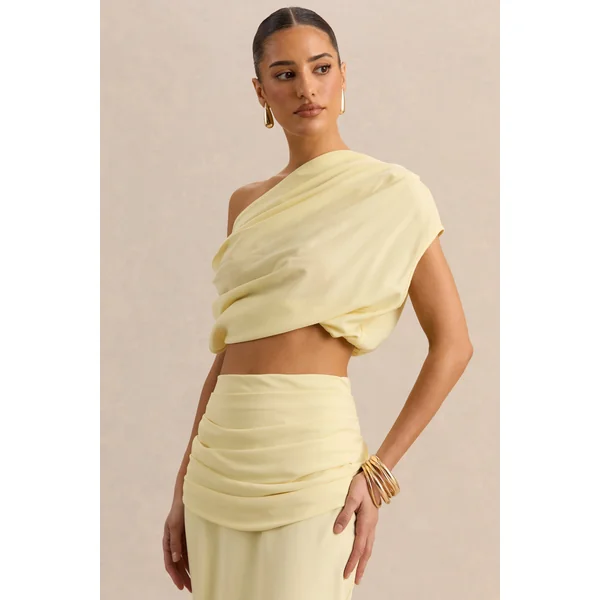 Yaselle | Haut court jaune citron en satin à encolure asymétrique