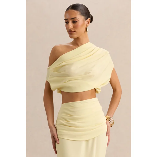 Yaselle | Haut court jaune citron en satin à encolure asymétrique
