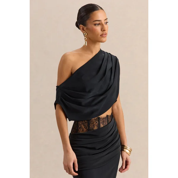Yaselle | Top court noir en satin à encolure asymétrique